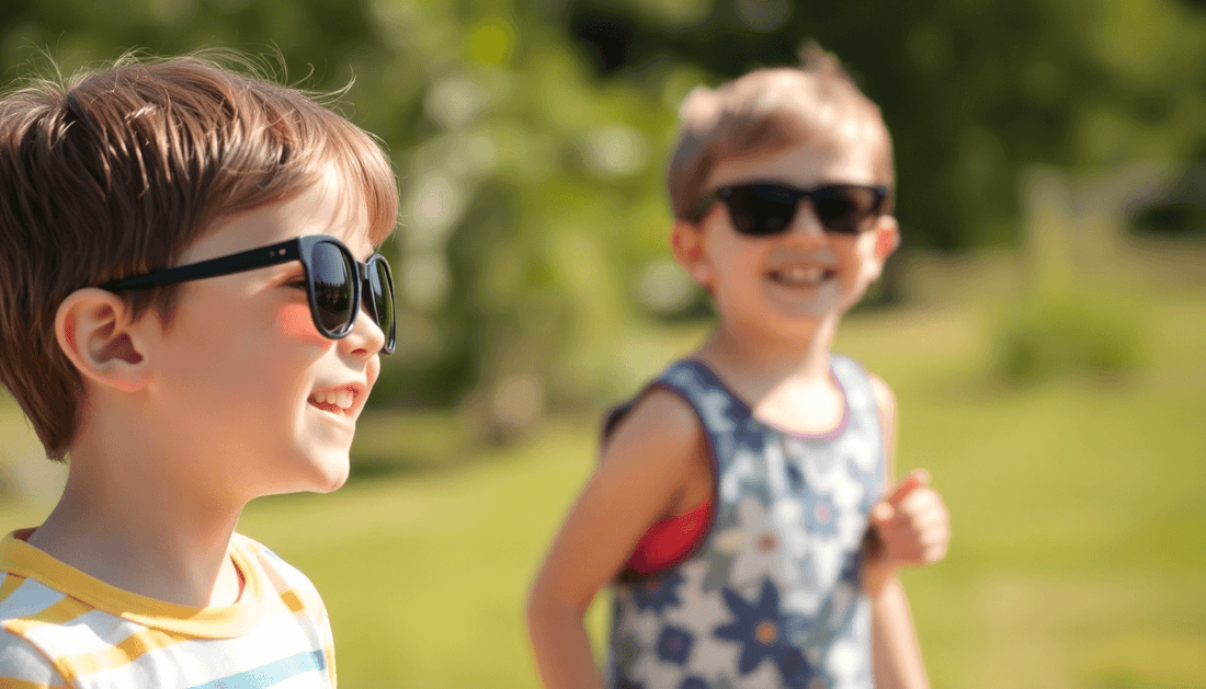 Zwei lächelnde Kinder tragen schwarze Sonnenbrillen für Kinder im sonnigen Garten