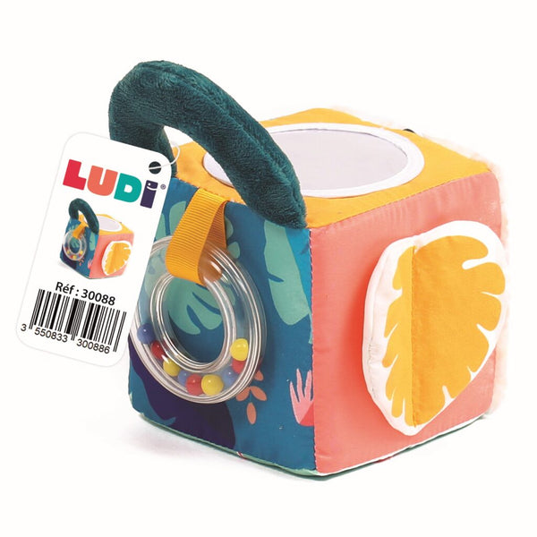 Sensorischer Würfel mit Rassel, Spiegel und Beißring - Tublu.de