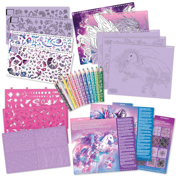 Großes Skizzenbuch mit Buntstiften, Schablonen und Aufklebern – Pferde, Größe L