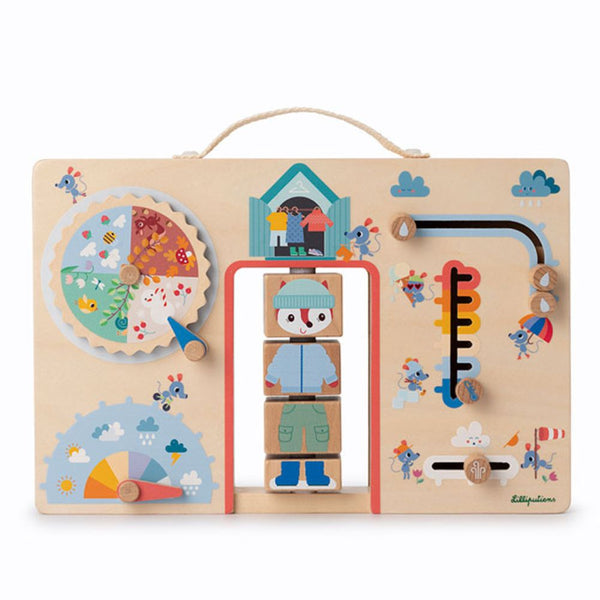 Holz-Manipulationstafel Koffer – „Kleidung für jedes Wetter“ Füchsin Alice