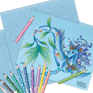 Großes Skizzenbuch mit Buntstiften, Schablonen und Aufklebern – Pferde Ariaz und Joyiaz, Größe L