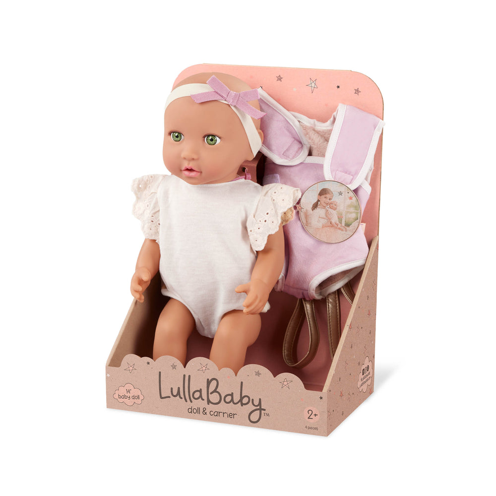 Babypuppe mit Trageschale im cremefarbenen Outfit mit Spitzenrüschen