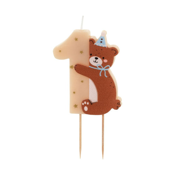 Geburtstagskerze 7 cm – Zahl 1 mit Teddybär