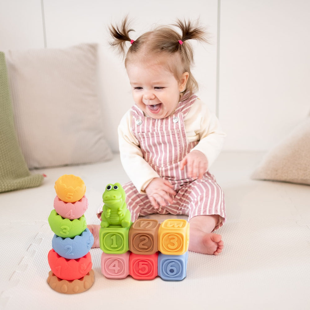 Sensorik-Bausteine Set Montessori 13-teilig mit Pyramide und Tieren
