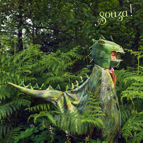 Kind im Dino-Umhang mit Kapuzenmaske im Wald