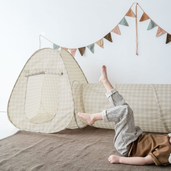 3-in-1-Zelt-Set für Kinder mit Tunnel  – Gingham Beige