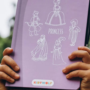 Grafiktablett Kidydraw Mini – Prinzessinnen mit verschiedenen Prinzessinnen-Illustrationen auf lila Hintergrund