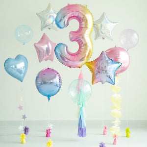 Folienballon 86 cm – Zahl 3 pastellfarben, regenbogenfarben