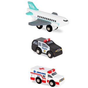 Holzfahrzeuge – Rettungs- und Baufahrzeuge mit Flugzeug, 6-teiliges Set