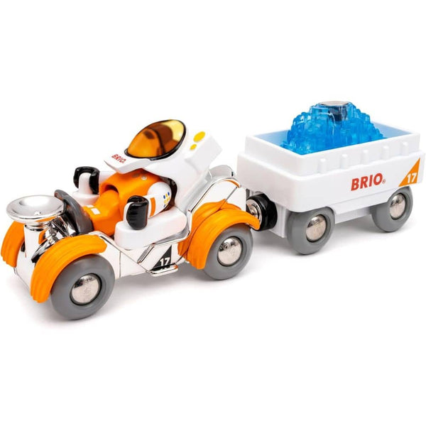 Weltraumrover mit Anhänger voller blauer Mineralien