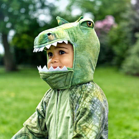 Olivgrüner Kigurumi-Overall T-Rex mit Dino-Kapuze und hellgrünem Bauch, Vorderansicht