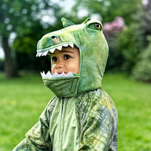 Kind im T-Rex-Overall mit Kapuze und Zähnchen im Garten