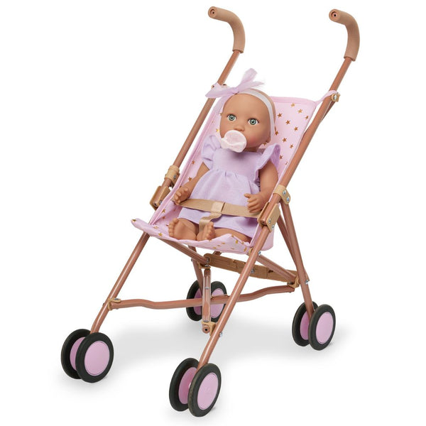 Babypuppe mit Schnuller – in einem violetten Kleid und mit einem Stirnband
