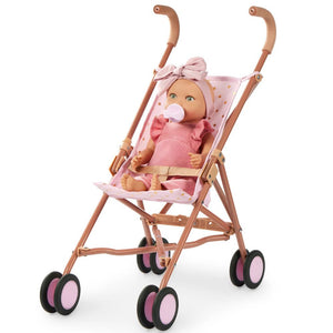 Baby-Puppe mit Schnuller, im Strampler und mit Stirnband