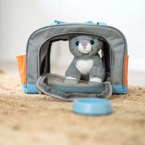 Katze mit Tasche und Pflege-Set