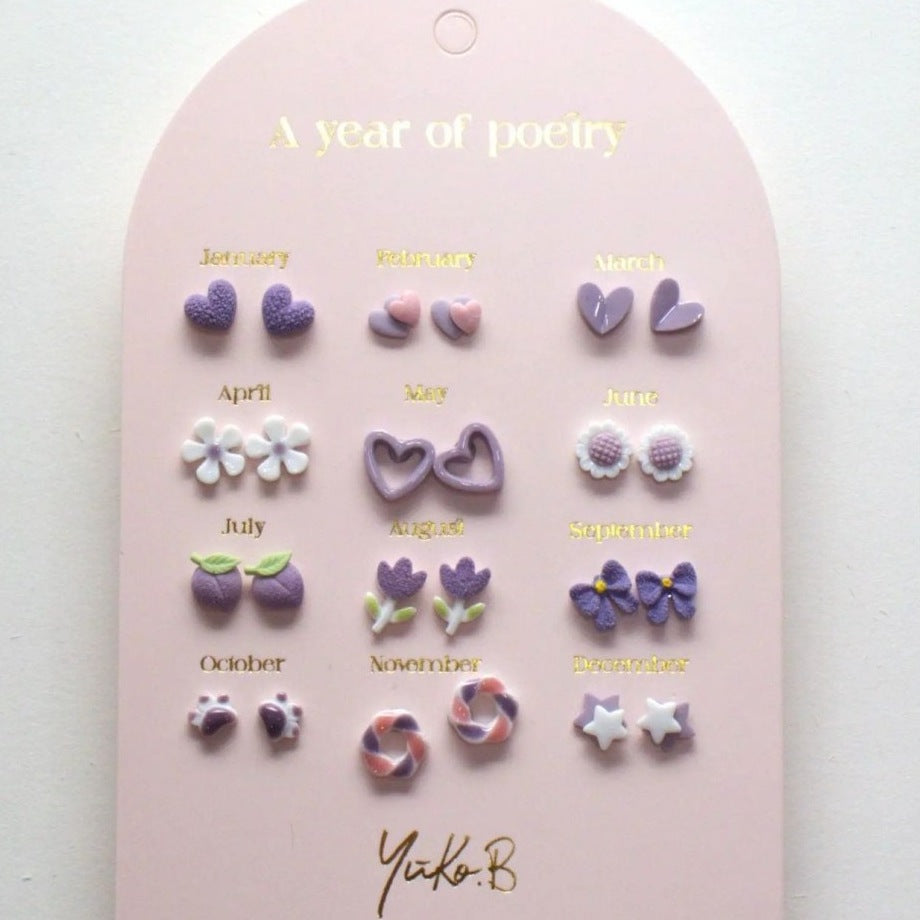 Yuko B. Ohrstecker-Set Poesie-Jahr Lila mit 12 Paar