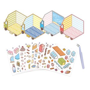 Janod Cosy Stickers Tiny Trucks - Lieferumfang mit Hintergründen, Stickerbögen und Pinzette