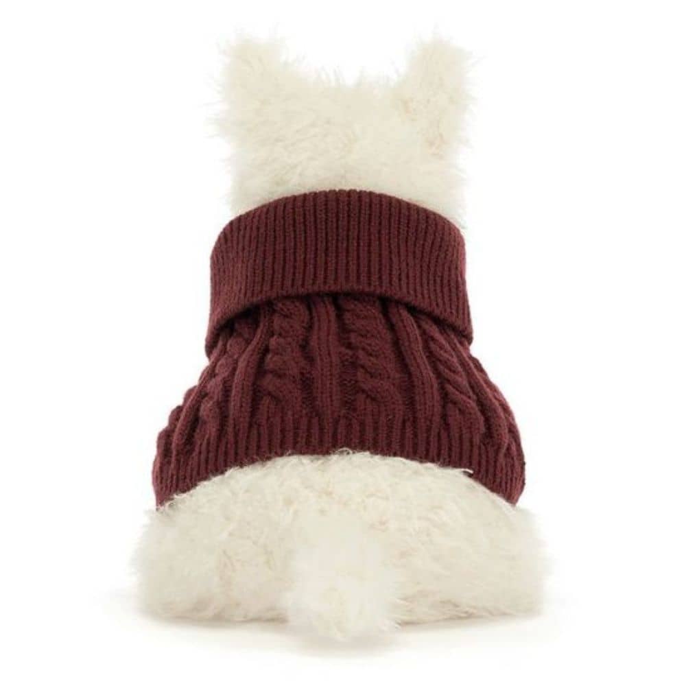 Jellycat Munro Scottie Dog - cremefarbener Plüsch-Terrier im bordeauxroten Pullover, 25 cm