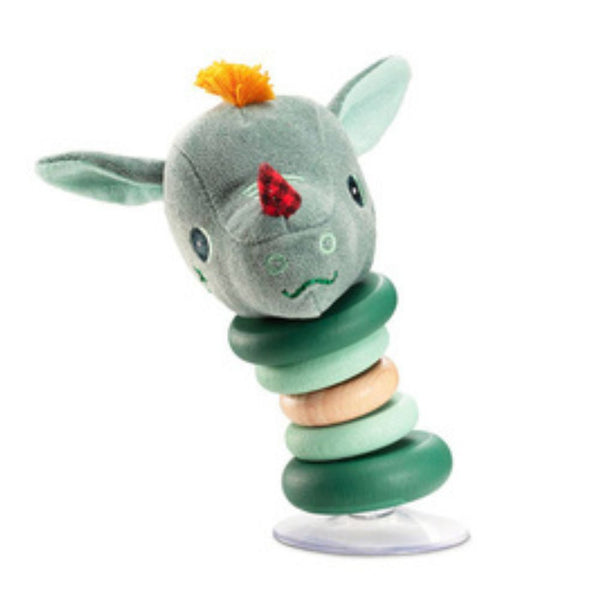 Rassel Drache Joe seitlich geneigt auf Saugnapf
