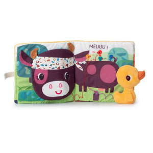 Stoffbuch-Seite mit Kuh und Mini-Kuscheltier Ente
