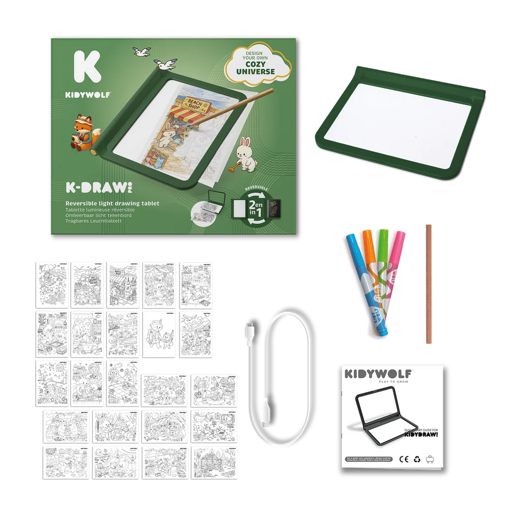 Kidydraw Pro Leuchttablett in Grün mit beleuchteter Cozy-Vorlage und Bleistift