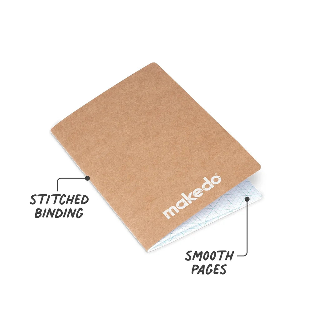 Skizzenbuch - 2D und 3D von Makedo mit braunem Umschlag und kariertem Design für kreative Entwürfe