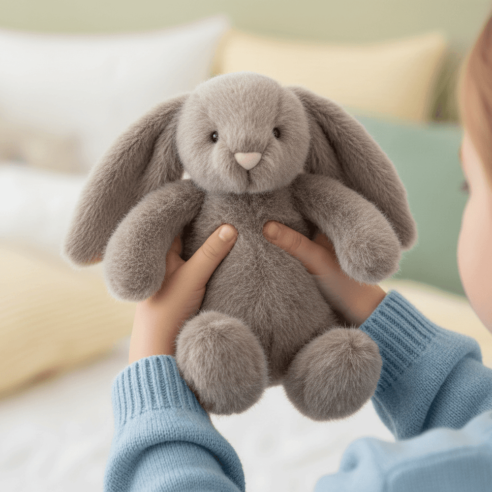 Jellycat Plüschhase Flufflet Fawn in Grau mit großen Ohren und knuddeligem Körper