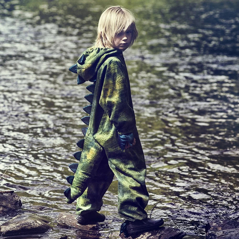 Grüner Kigurumi-Overall Tyrannosaurus mit Kapuze, Rückenstacheln und Krallen