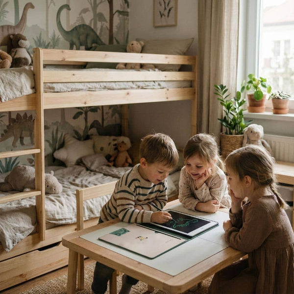 Kinder, die Dinosaurier Malbuch Grafiktablett im Spielzimmer verwenden und Spaß haben