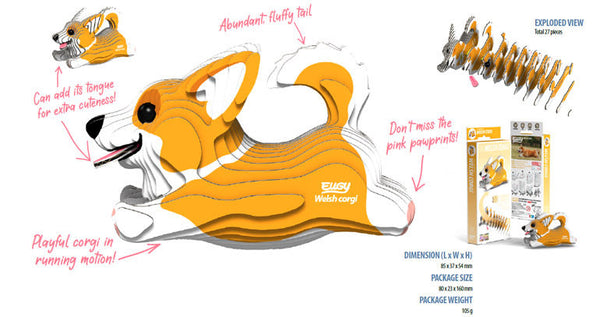 Öko Puzzle 3D Corgi von Eugy mit detailliertem Design und spielerischer Darstellung eines laufenden Corgis