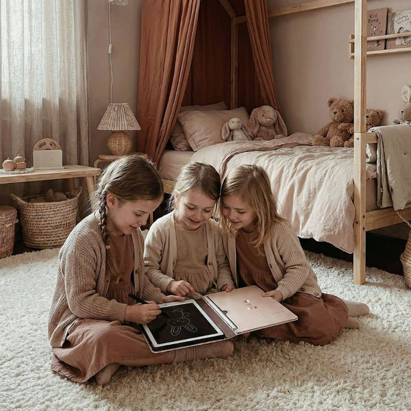 Drei Mädchen nutzen ein Grafiktablett für Kinder zeichnen im gemütlichen Kinderzimmer