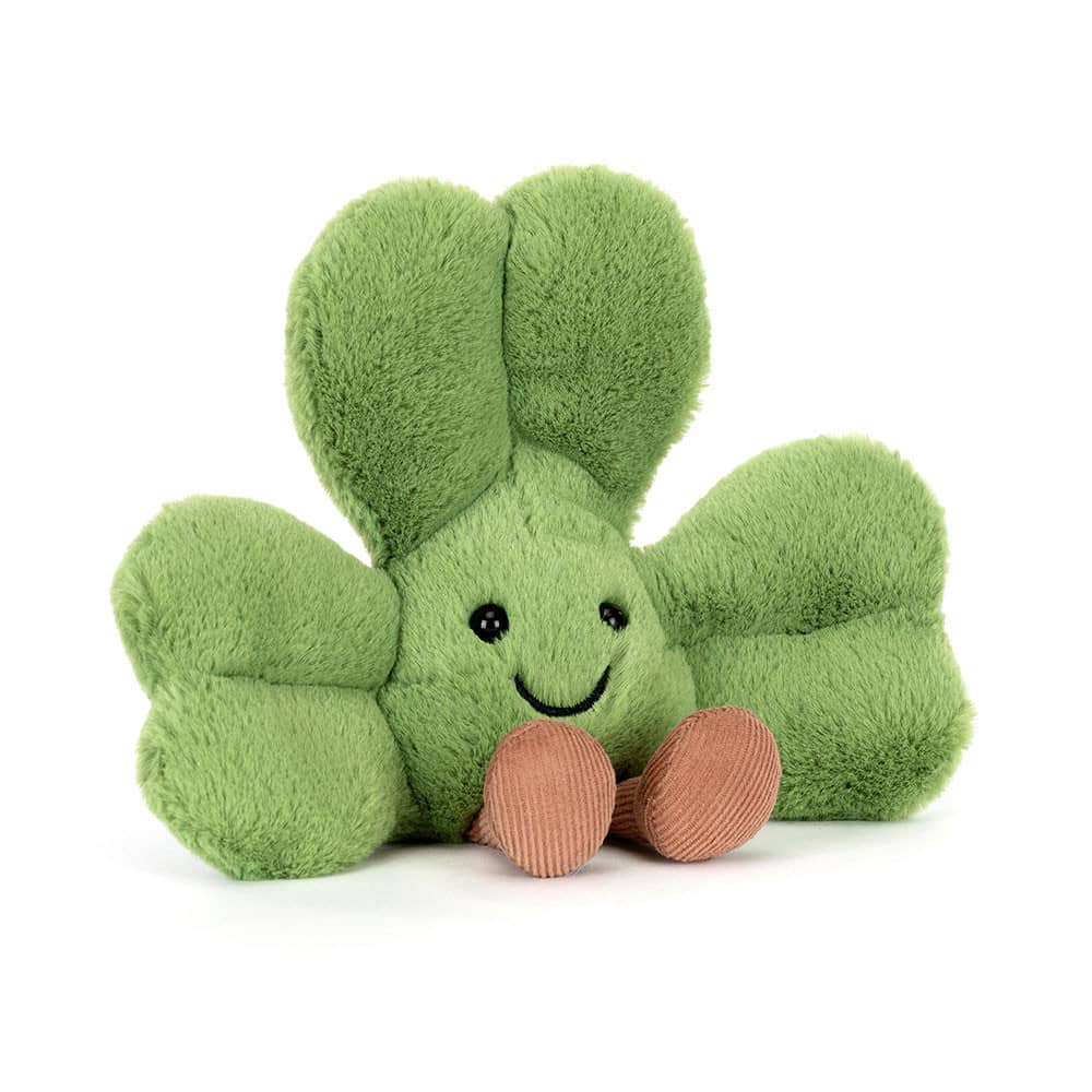 Jellycat Glücksklee Plüschspielzeug in grün mit lächelndem Gesicht für Kinder und Babys