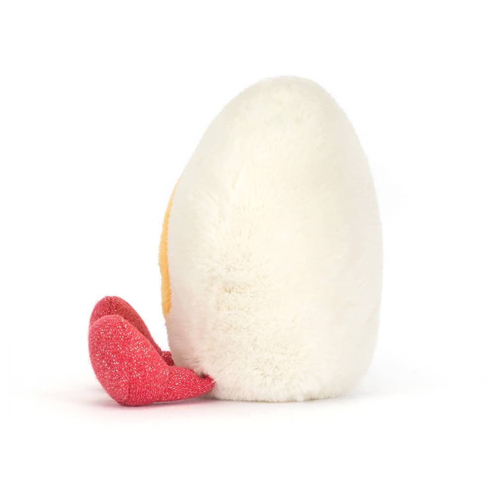 Jellycat Plüsch Ei Herz mit süßem Gesicht und glitzernden Füßen, ideal zum Kuscheln.