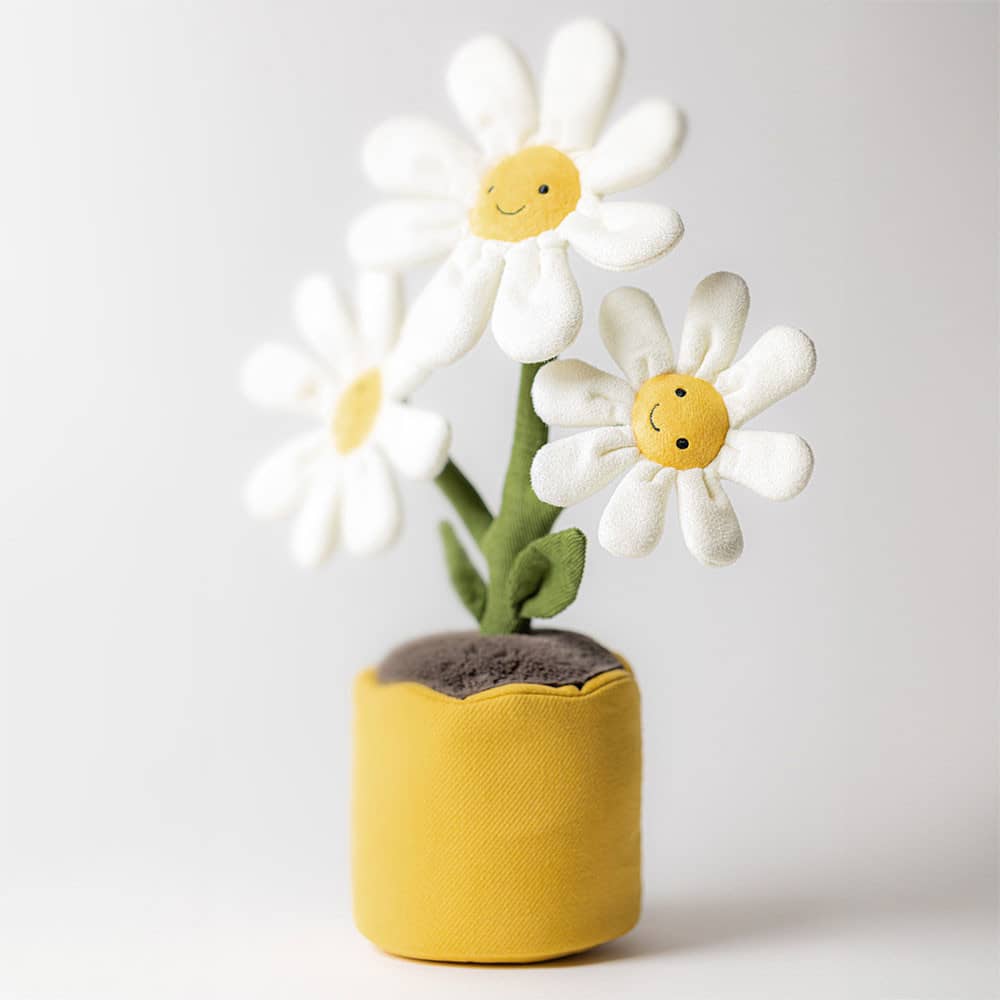 Jellycat Plüsch Gänseblümchen in einem gelben Topf mit drei lächelnden Blumen für Kinder