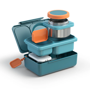 Lunchbox mit Thermosbehälter OmieBox Up – Teal Green in verschiedenen Fächern mit Edelstahl Thermosbehälter