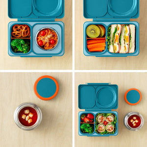Lunchbox mit Thermosbehälter OmieBox Up – Teal Green mit verschiedenen gesunden Mahlzeiten und getrennten Fächern