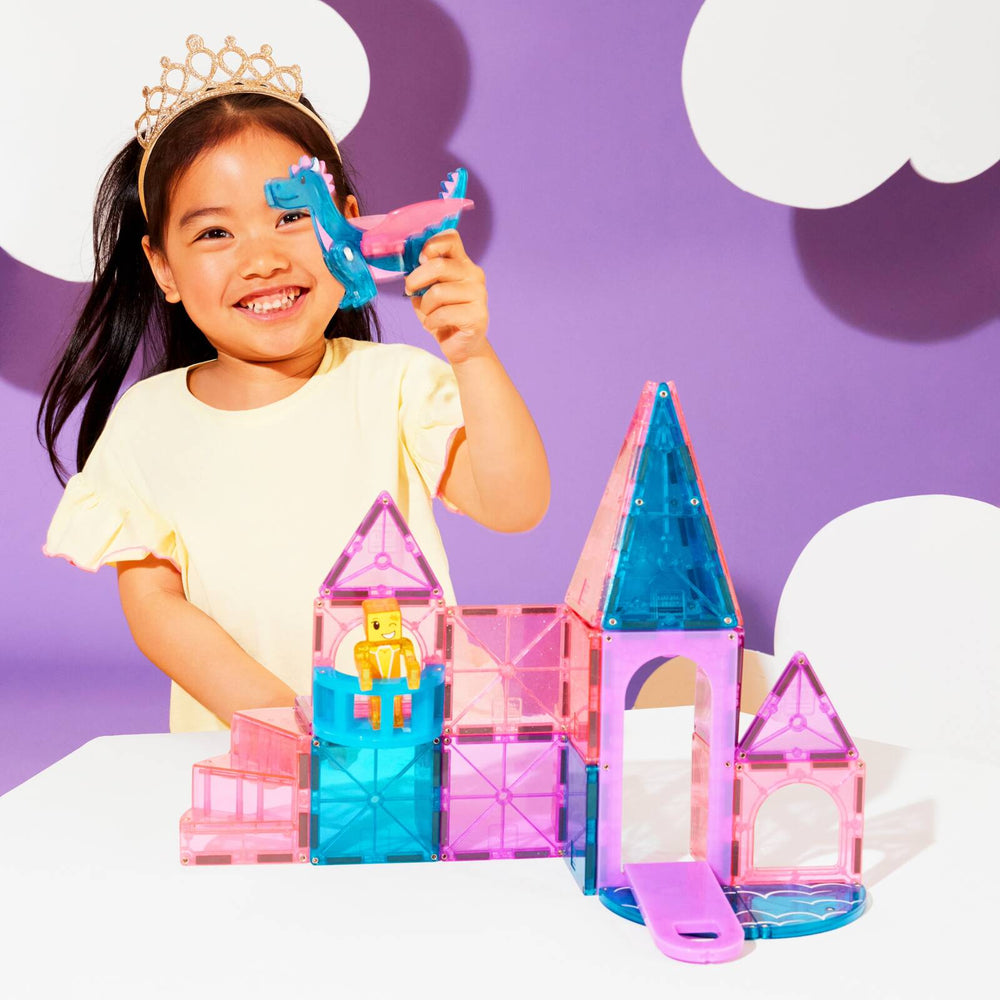 Magnetbausteine Burg Set mit bunten Transparentsteinen und einem Drachen für kreatives Spielzeug