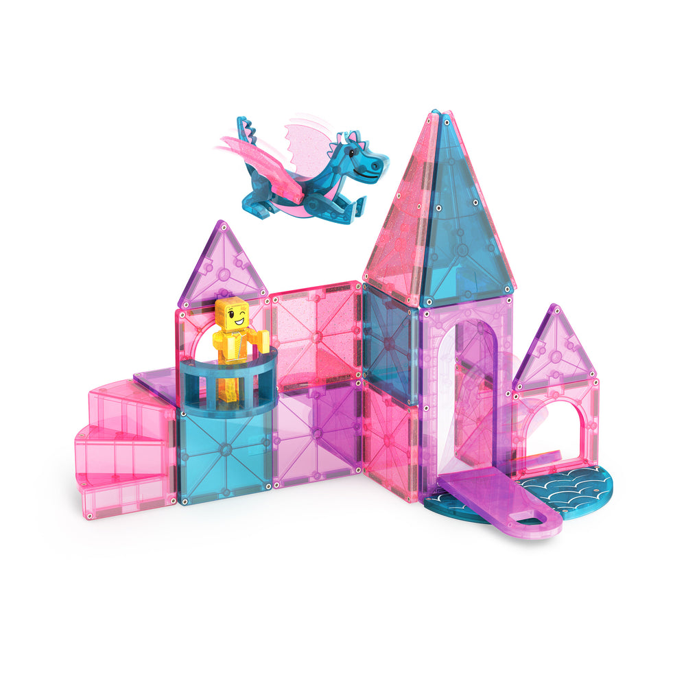 Magnetbausteine Burg Set mit bunten Transparentsteinen und einem Drachen für kreatives Spielzeug