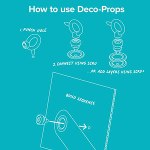 Anleitung zur Verwendung von Deco-Props von Makedo kreative Bastelsets für Kinder mit Schritt-für-Schritt-Illustrationen