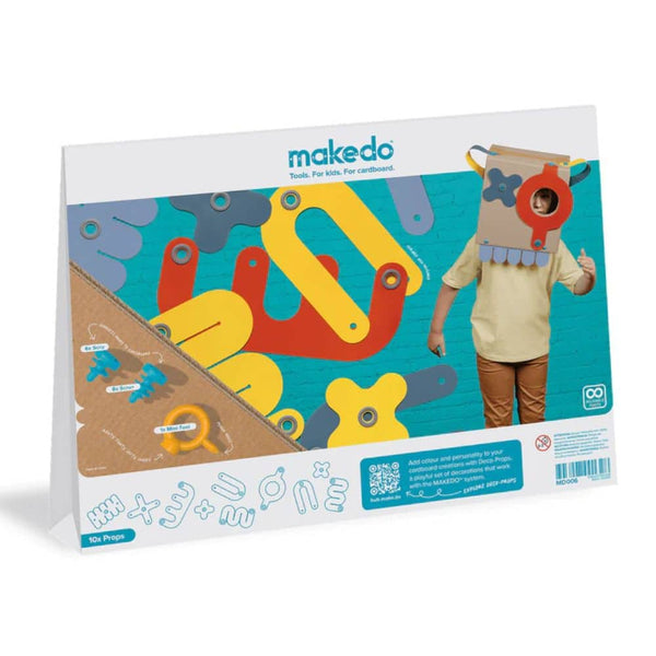 Makedo kreatives Formenset für Kinder mit bunten Formen und einem Kind in einer Bastelmaske