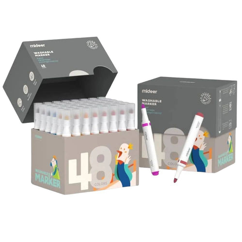 48 abwaschbare Marker für Kinder von Mideer in verschiedenen Farben im Karton verpackt