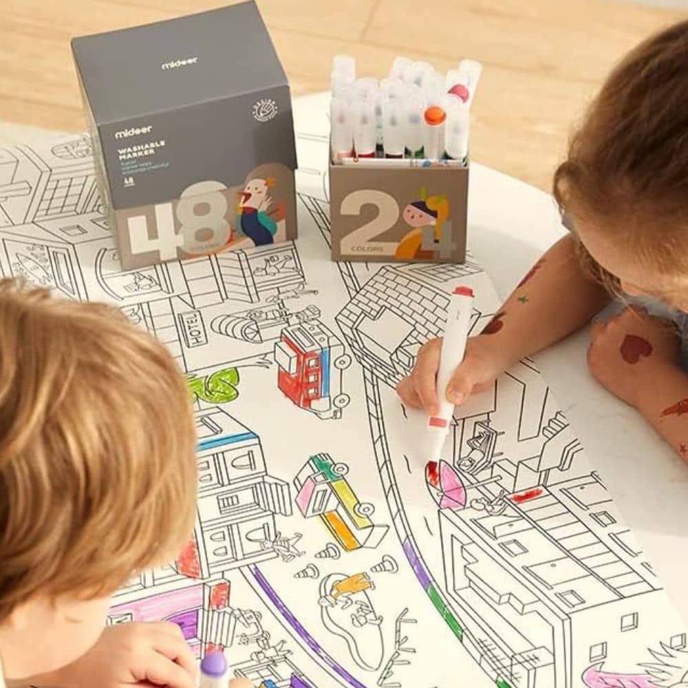 48 abwaschbare Marker für Kinder von Mideer in verschiedenen Farben im Karton verpackt