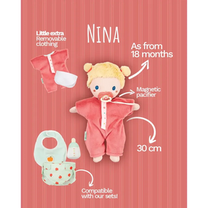Weiche Babypuppe Nina mit Kleidung und Schnuller, 30 cm (ab 18 Monaten)