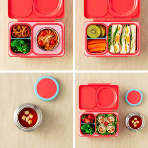 Lunchbox mit Thermosbehälter OmieBox Up – Cherry Pink mit verschiedenen Mahlzeiten und Snacks organisiert