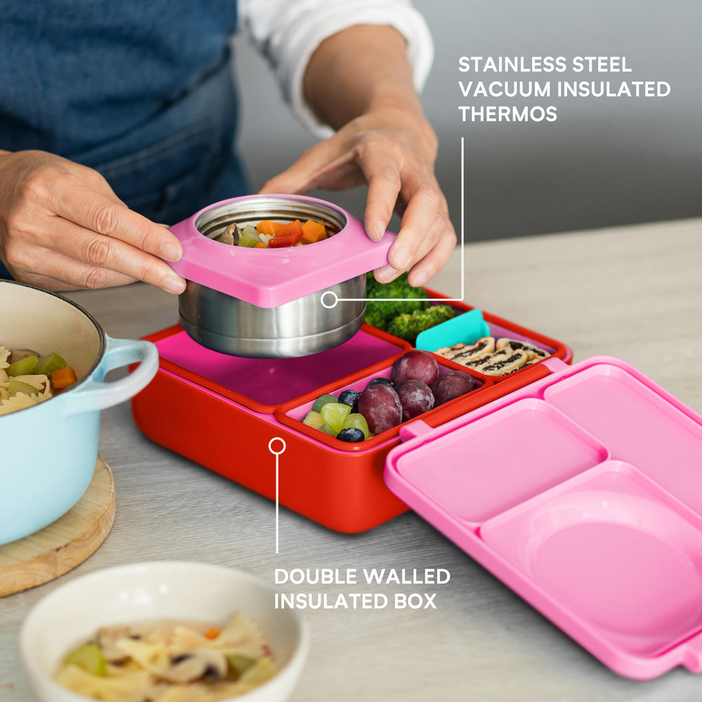 Lunchbox mit Thermoskanne OmieBox – Pink Berry mit mehreren Fächern und Edelstahl-Thermobecher
