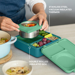 Lunchbox mit Thermoskanne OmieBox – Meadow in Blaugrün mit Edelstahl-Thermosbehälter und doppelwandigem isoliertem Behälter