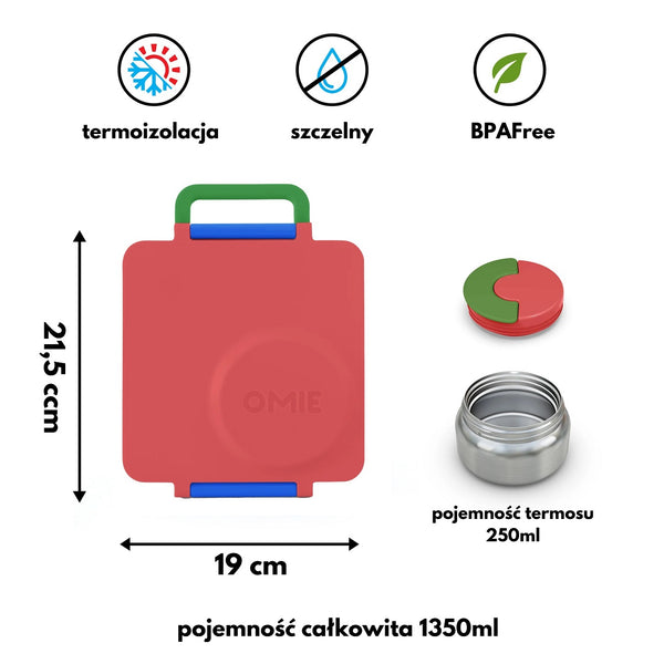 Lunchbox mit Thermosbehälter OmieBox – Scooter Red isolierte BPA freie Lunchbox 1350ml