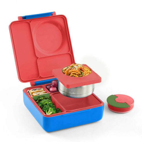 Lunchbox mit Thermosbehälter OmieBox – Scooter Red mit verschiedenen Fächern und blauem Außenbereich