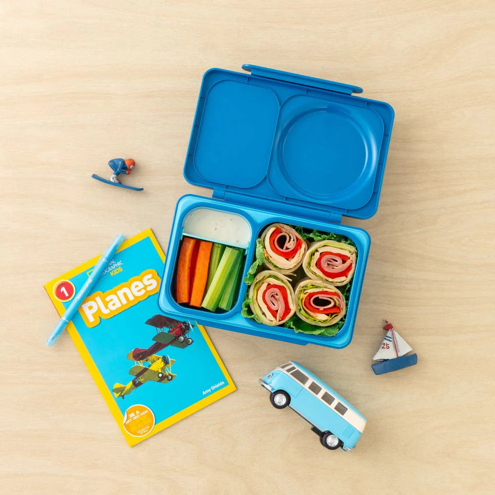 Lunchbox mit Thermosbehälter OmieBox Up – Cosmic Blue mit Fächern für Snacks und Edelstahl Thermosbehälter