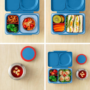 Lunchbox mit Thermosbehälter OmieBox Up – Cosmic Blue gefüllt mit verschiedenen Mahlzeiten und geöffnetem Deckel